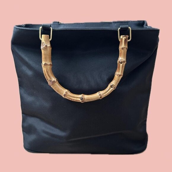 Vintage nylon tote bag curved bamboo handles - Picture 1 of 7